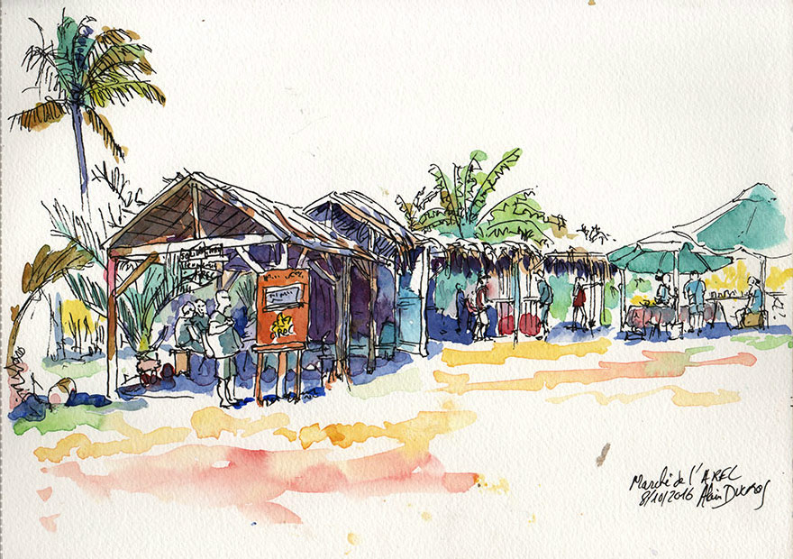 Croquis du marché de l'AREC, calendrier 2018, croquis aquarellés  Alain Ducros