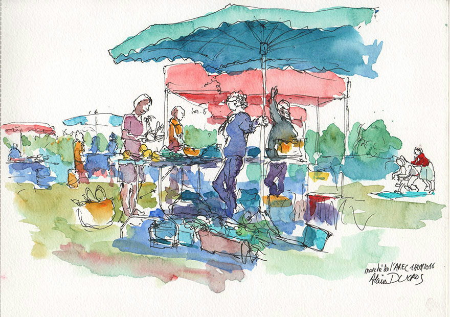 Croquis du marché de l'AREC, calendrier 2018, croquis aquarellés  Alain Ducros