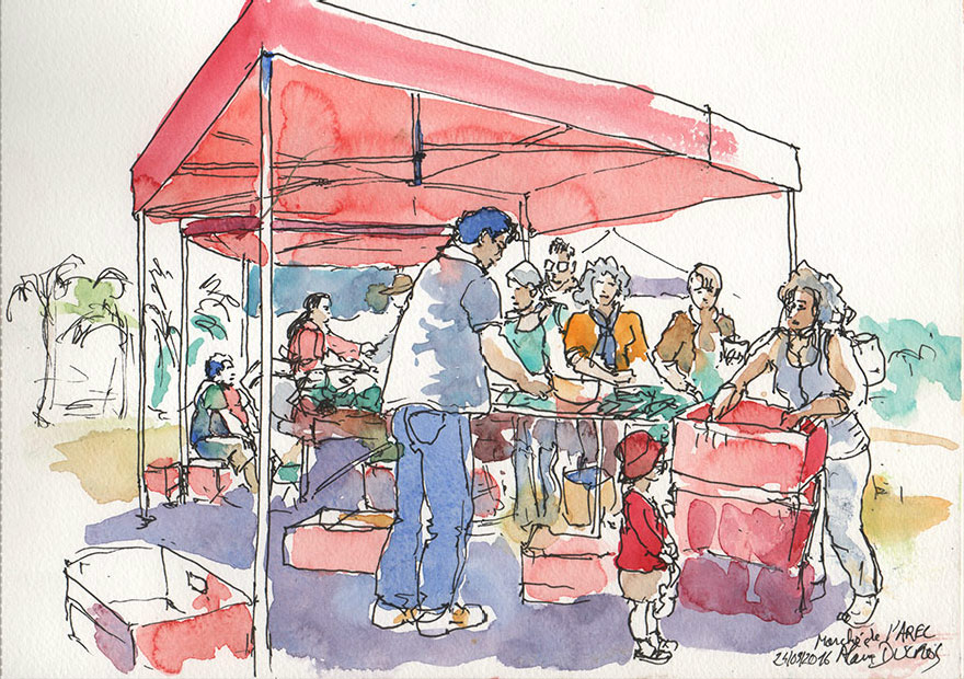 Croquis du marché de l'AREC, calendrier 2018, croquis aquarellés  Alain Ducros