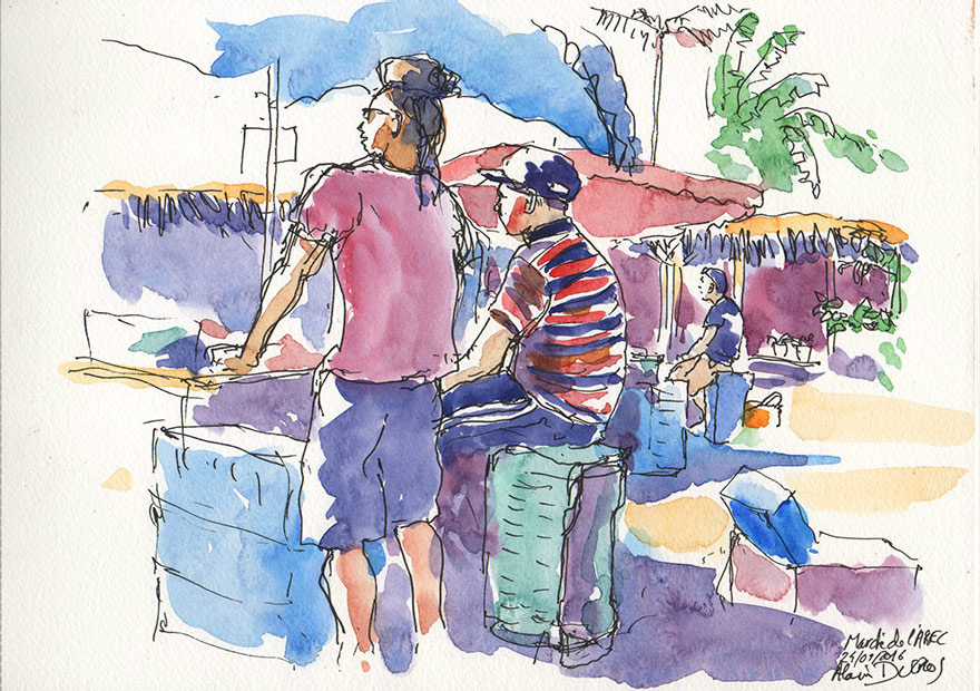 Croquis du marché de l'AREC, calendrier 2018, croquis aquarellés  Alain Ducros