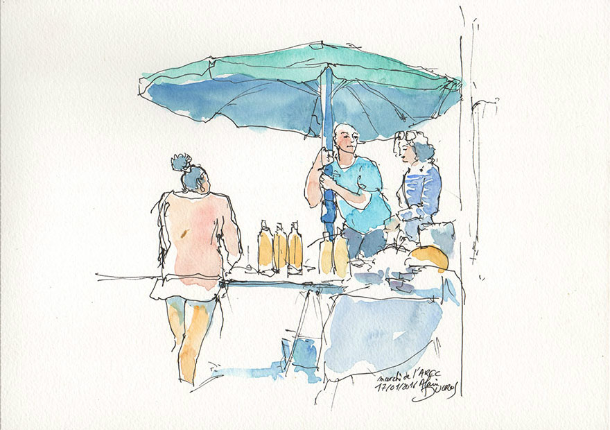 Croquis du marché de l'AREC, calendrier 2018, croquis aquarellés  Alain Ducros