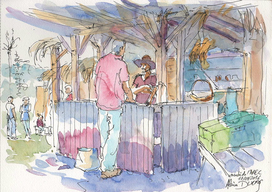 Croquis du marché de l'AREC, calendrier 2018, croquis aquarellés  Alain Ducros