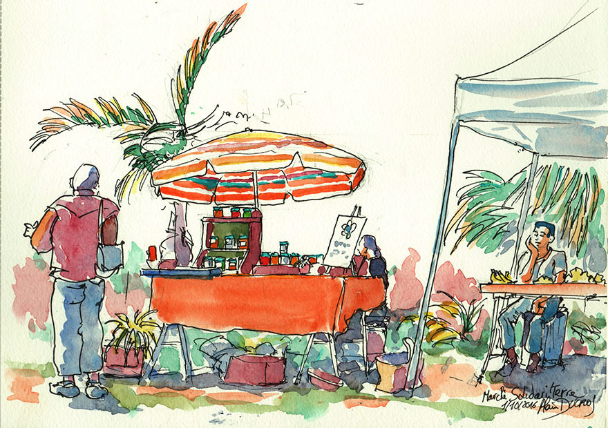 Croquis du marché de l'AREC, calendrier 2018, croquis aquarellés  Alain Ducros