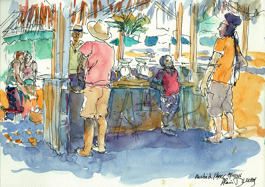 Croquis du marché de l'AREC, calendrier 2018, croquis aquarellés  Alain Ducros