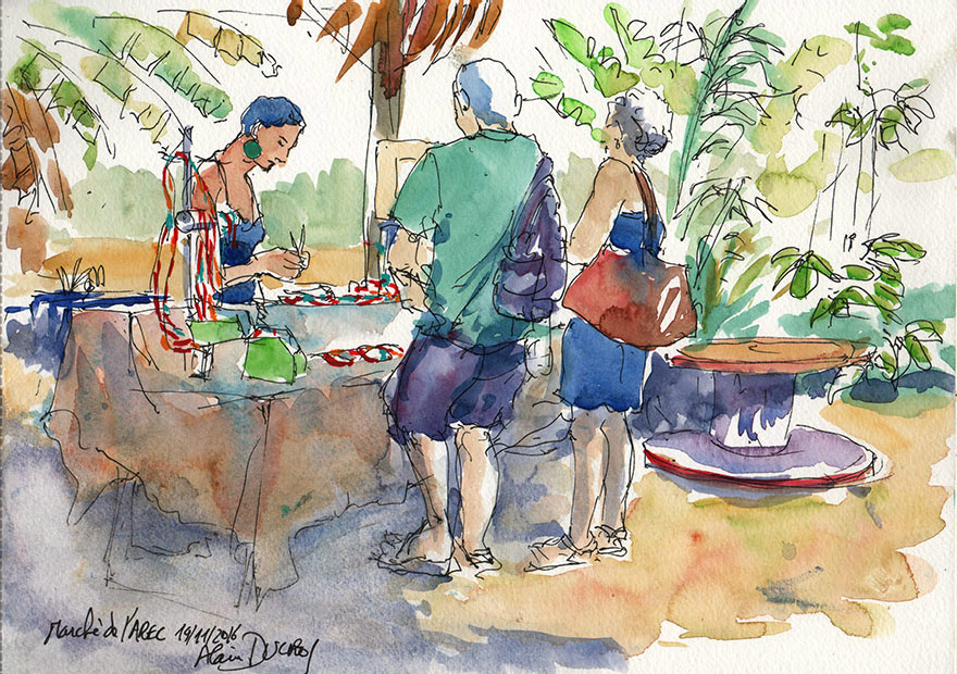 Croquis du marché de l'AREC, calendrier 2018, croquis aquarellés  Alain Ducros