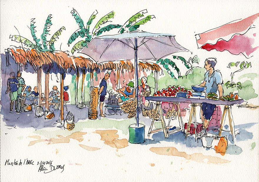 Croquis du marché de l'AREC, calendrier 2018, croquis aquarellés  Alain Ducros