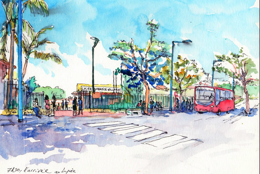 Carnet de voyage au lycée Ambroise Vollard, décembre 2015 , croquis aquarellés  Alain Ducros