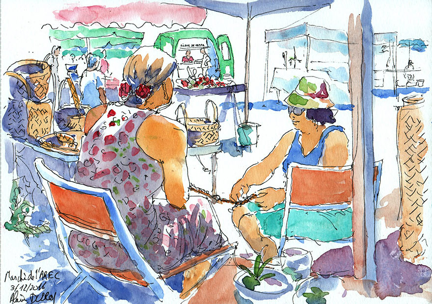 Croquis du marché de l'AREC, Petite île,décembre 2016 Alain Ducros